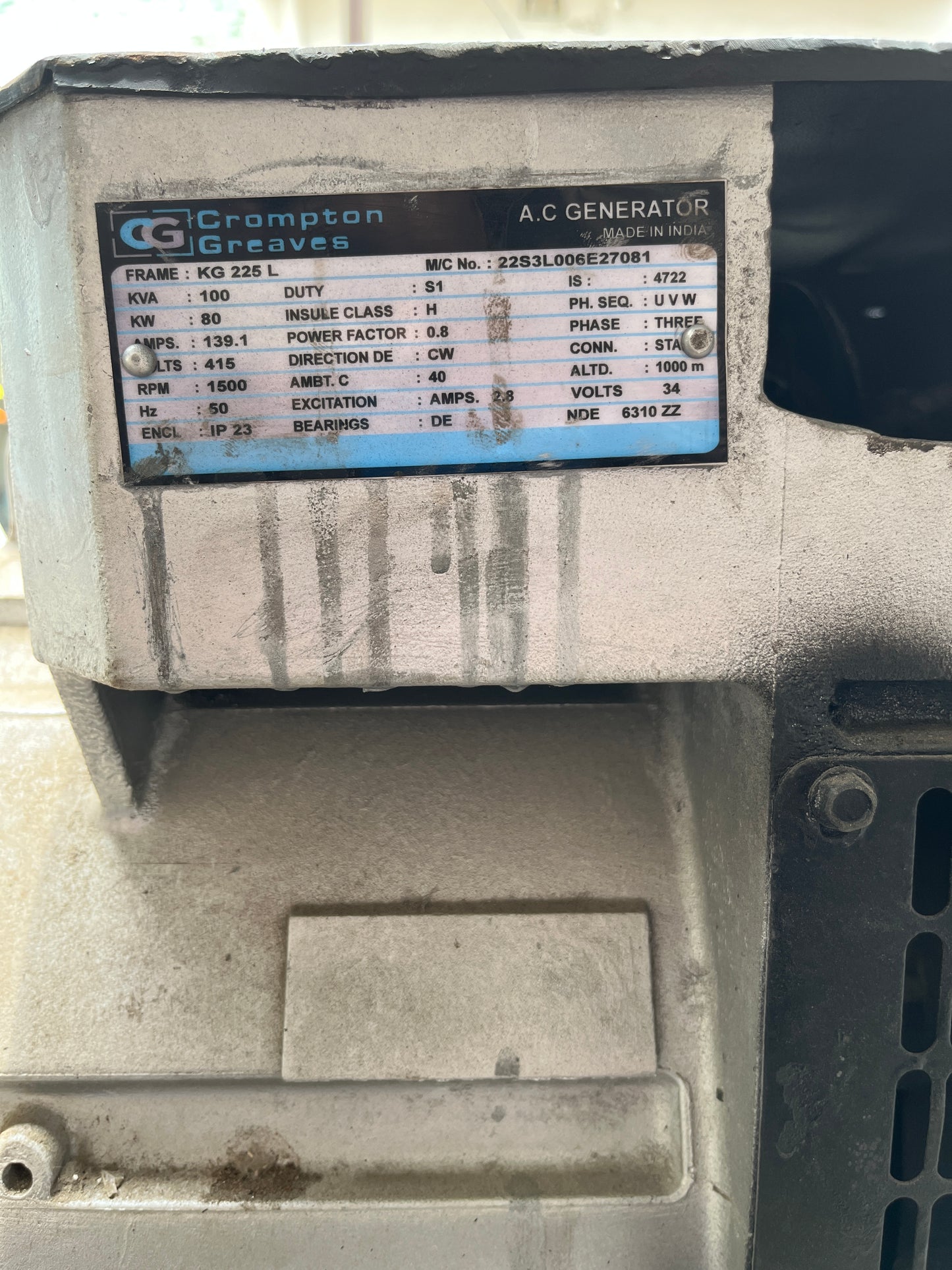 100 kVA used Kirloskar Open Diesel Generator Set With Crompton Alternator